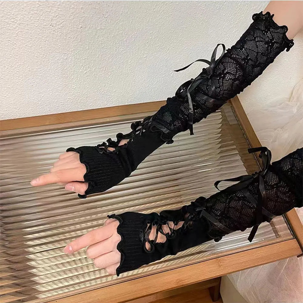 1 Pair Women Lolita Jk Lace Fingerless Gloves Black Gothic Fake Sleeves Trendy Elastic Long Lace Arm Sleeves Clothes Decoration