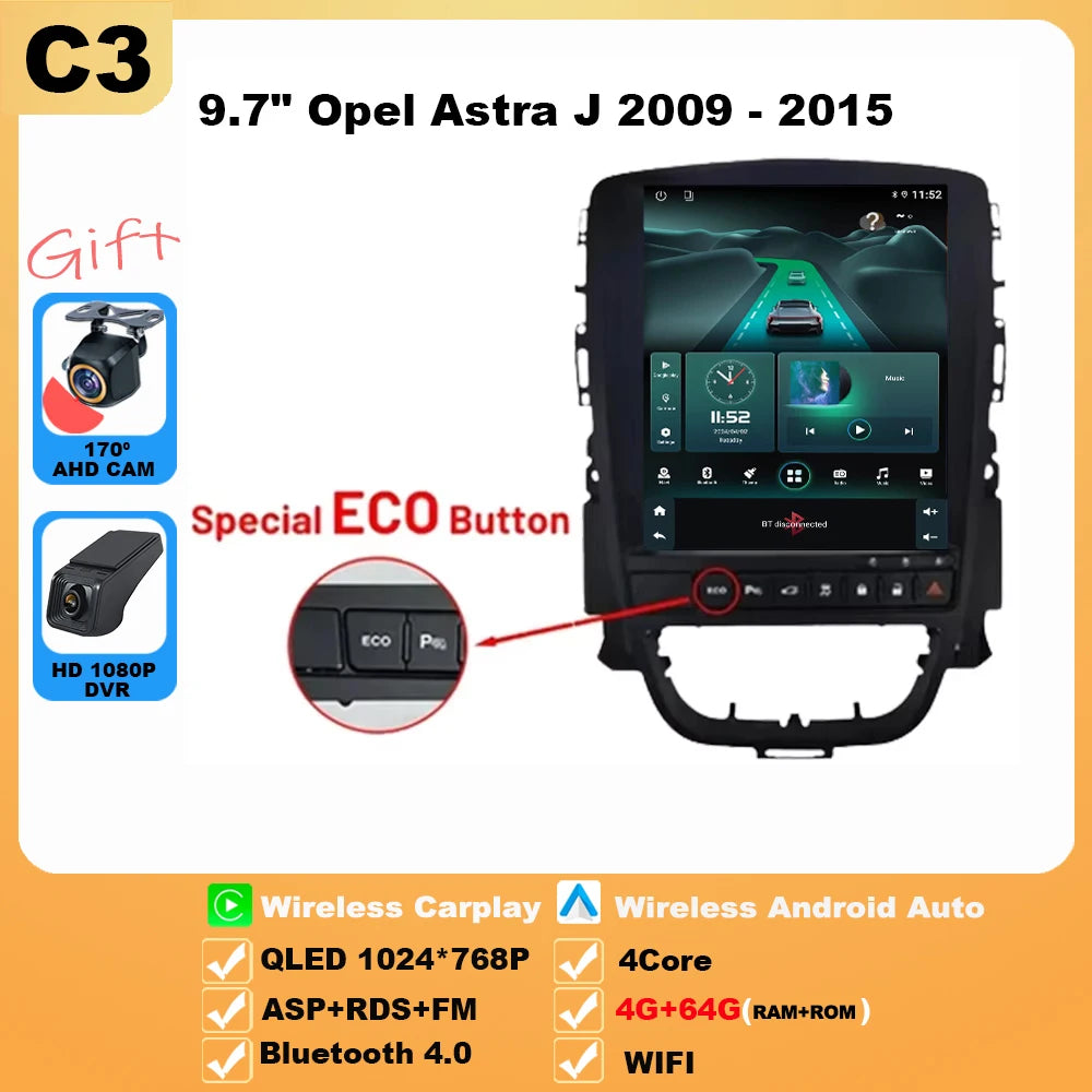 9.7 inch For Opel Astra J 2009-2015 Android 16 Car Radio Multimedia Video Player GPS Tesla Model wireless android Auto WIFI 4G