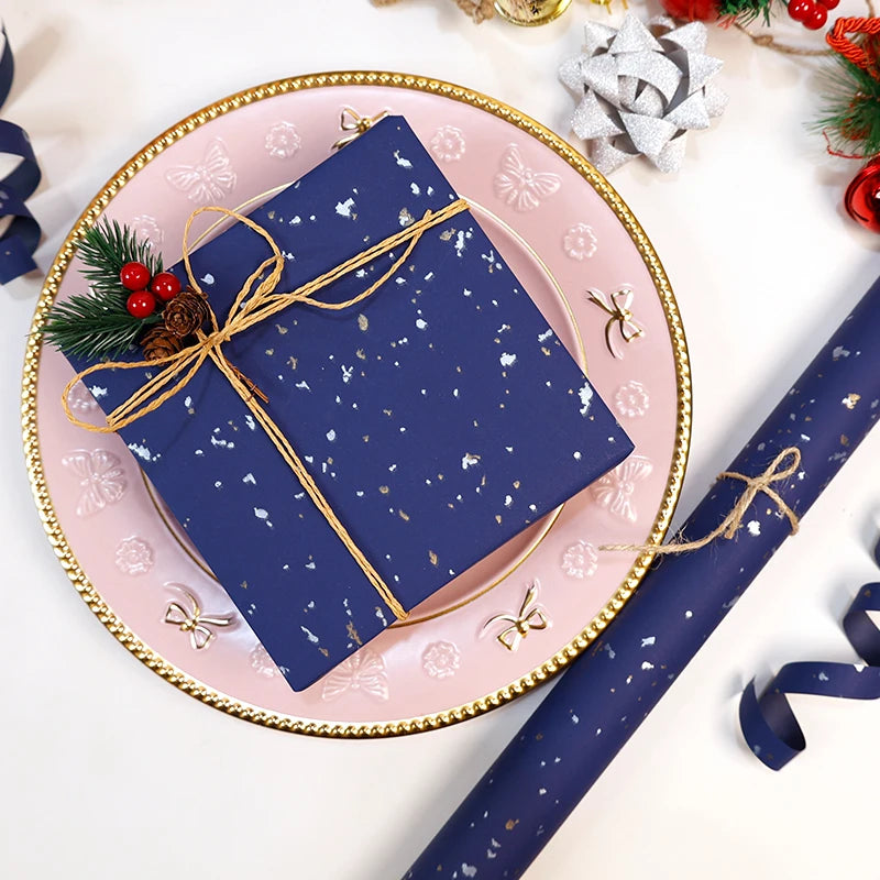 Gift Wrapping Paper Roll, 1 Roll 17 Inch X 120 Inch, Navy Blue Gold Foil Design for Holiday, Birthday, Wedding, Party