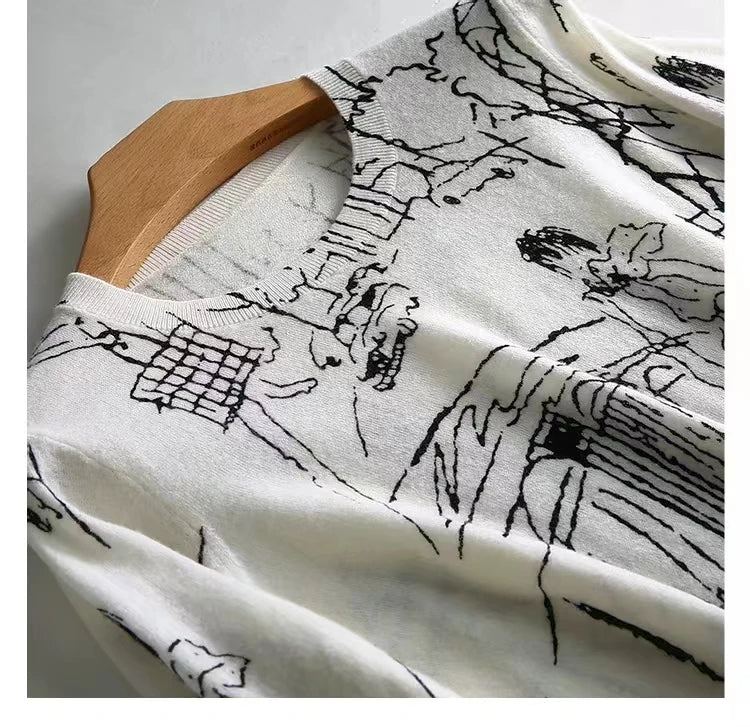 Summer Women's Thin Section Graffiti Digital Jacquard Round Neck Fine Imitation Wool Knitted Short-sleeved T-shirt  Pullover Top