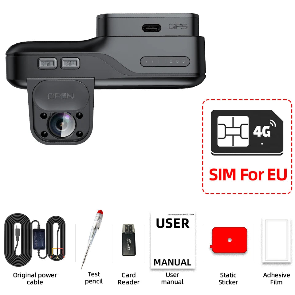 E-ACE 4G LTE Dash Cam Car Black Box Front and Inside Lens GPS Remote Live-View Infrared Night Vision Car Safety Video Recorder
