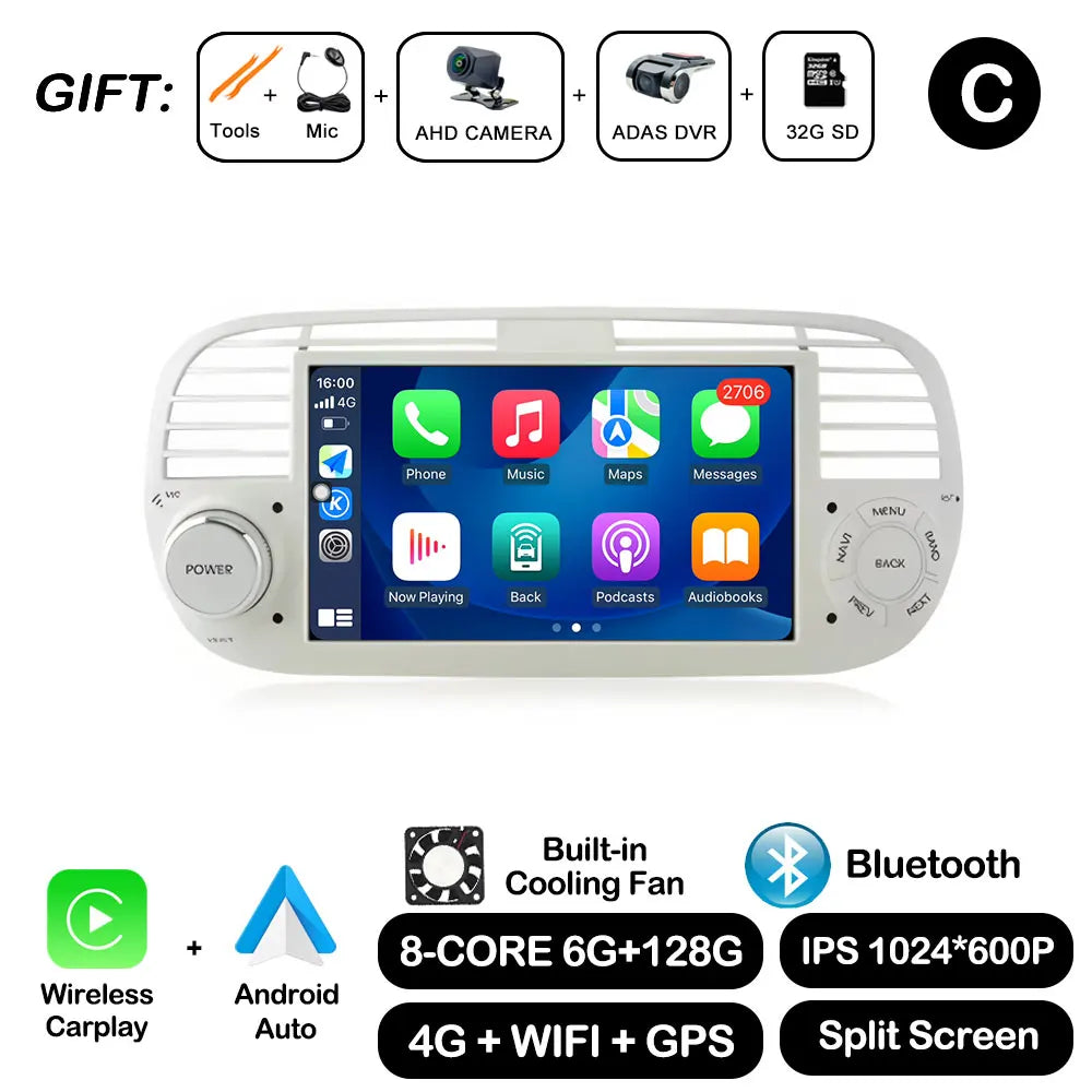 7" Car Stereo with Apple CarPlay & Android Auto, Compatible with Fiat 500 (2007-2015)