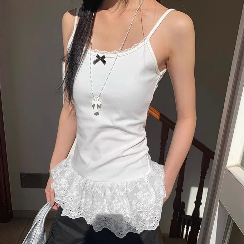 Women Patchwork Lace White Suspender Vest Trim Bottom Hem Layer Skinny Halter Tops Ruffle Edge Skin-friendly Breathable Vest