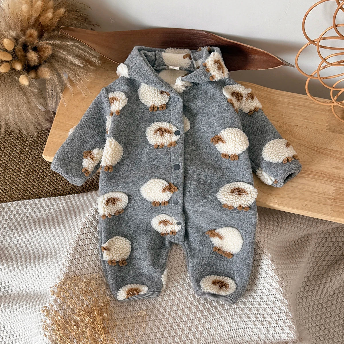 Baby Lamb Embroidered Hooded Romper - Soft Button-Front Onesie