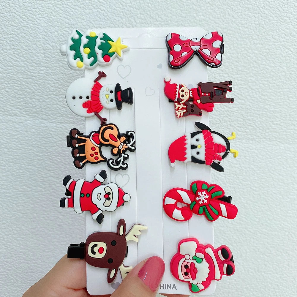 10pcs/Set Funny Christmas Hair Clips Mixed Styles Cartoon Elk Santa Claus Barrettes Kid Girl Xmas Party Headwear Gift