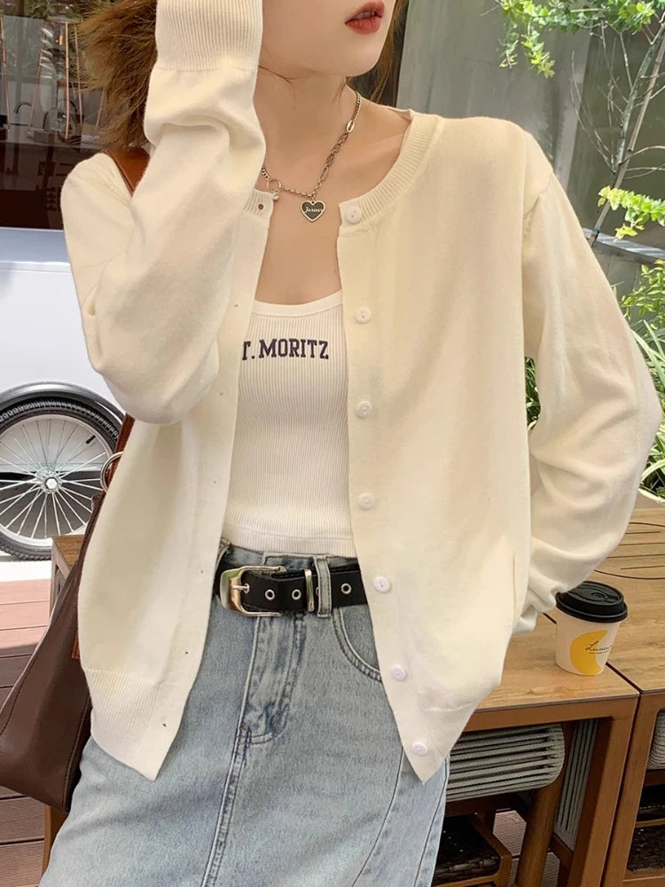 Women's slim button cardigan, crew neck knit — view 1 of 20