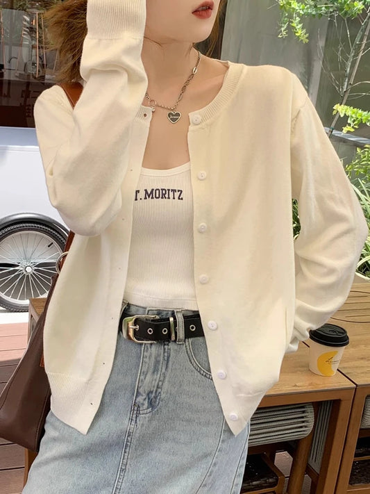 Women's slim button cardigan, crew neck knit — view 1 of 20