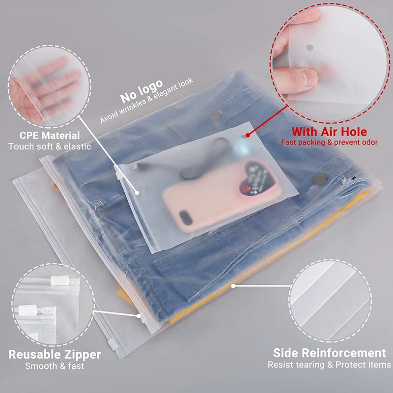 10PCS Transparent Scrub Clothes Zipper Bag PE Portable Storage Organizer Bag  Ziplock Bag Waterproof Packaging Bag
