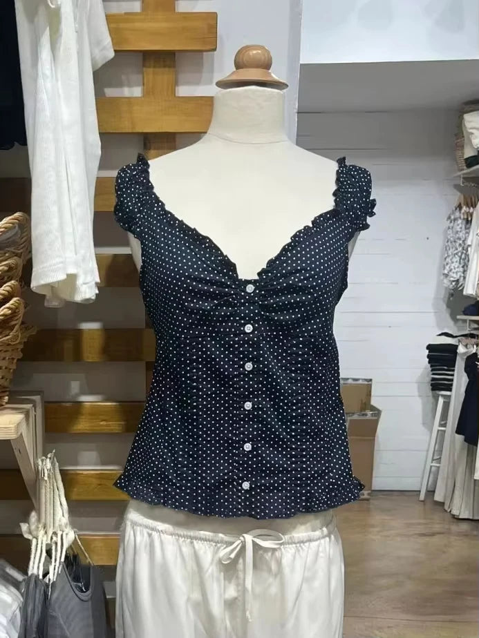 Blue Plaid Fungus T-shirt Women V Neck Single Breasted Puff Sleeve Slim Folds Tee Shirts Summer New Sweet Chic Casual Crop Tops