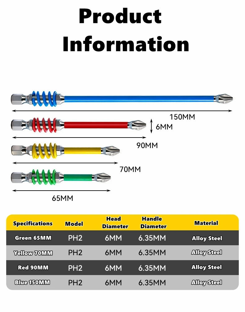 Spring Screwdriver Bits Magnetic PH2 Driver Screw Anti-slip 60/90/110mm 1/4'' Hex Shank Drill Head Electric Repair Tool