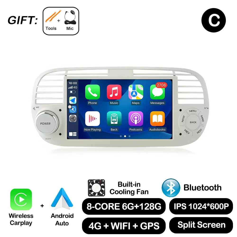 7" Car Stereo with Apple CarPlay & Android Auto, Compatible with Fiat 500 (2007-2015)