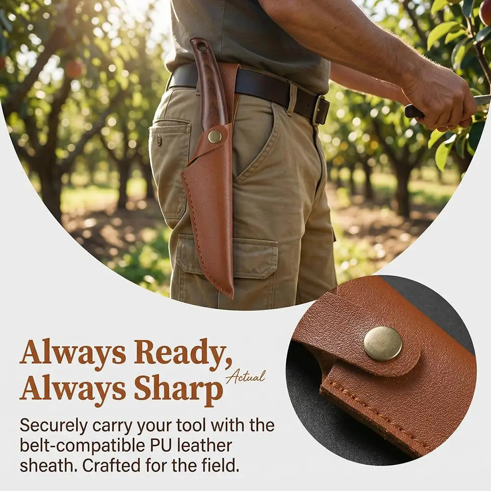 Grafting Knife with Leather Sheath — Wooden Handle Budding Tool