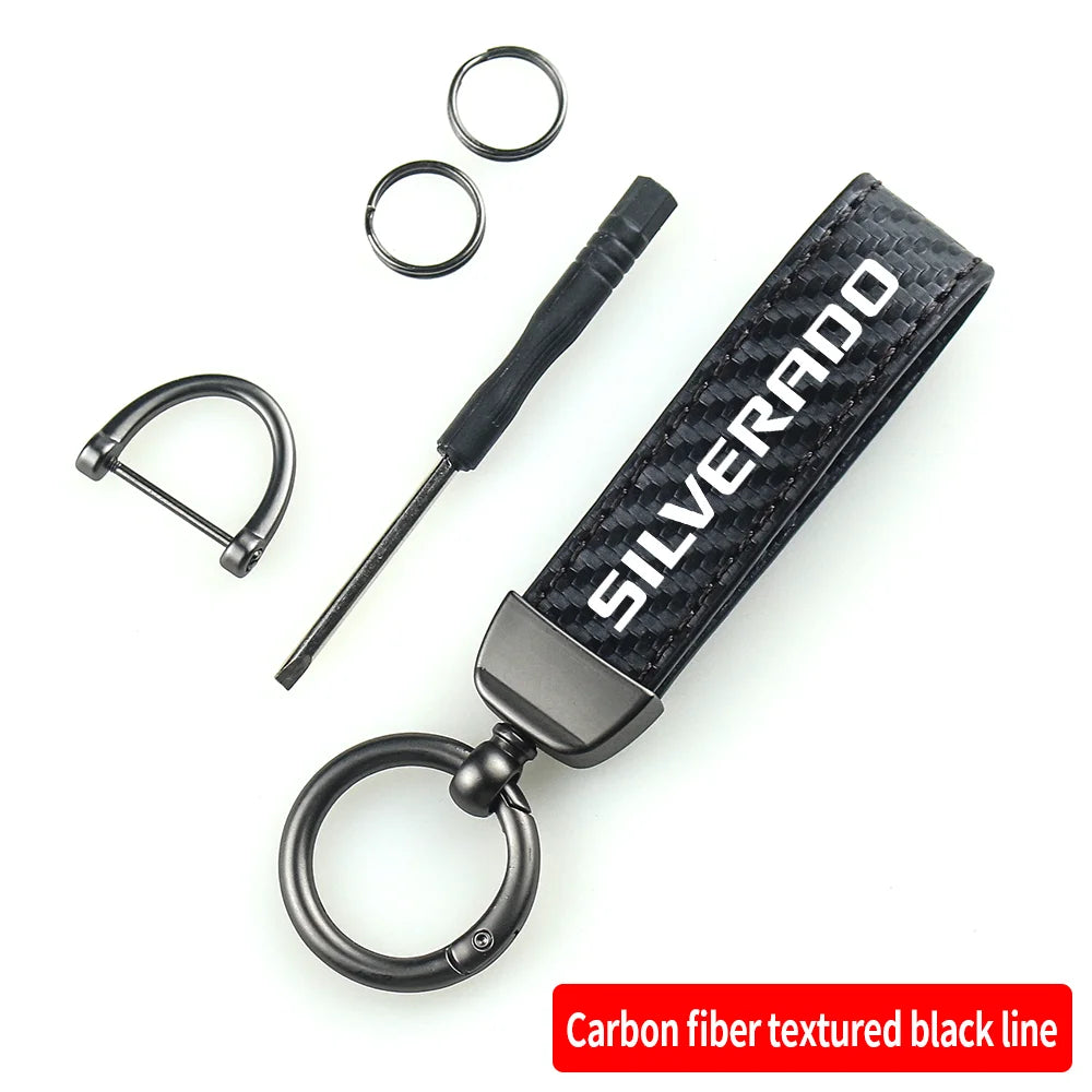 Carbon Fiber Leather Car Keychain Key Chain Pendant Keyring Horseshoe Buckle for SILVERADO SONIC SPARK SS Auto Accessories