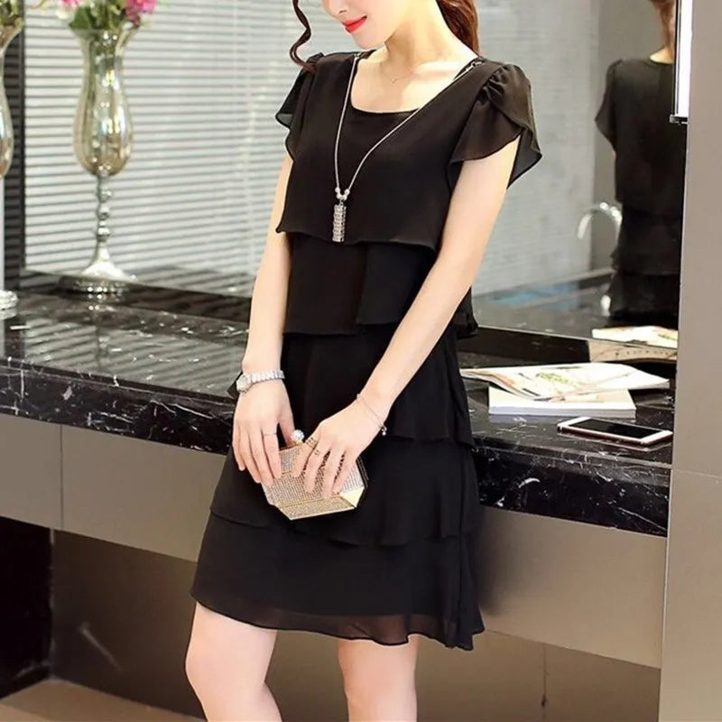 Women's Ruffle Chiffon Mini Dress — Sweet Solid Short-Sleeve O-Neck Dress