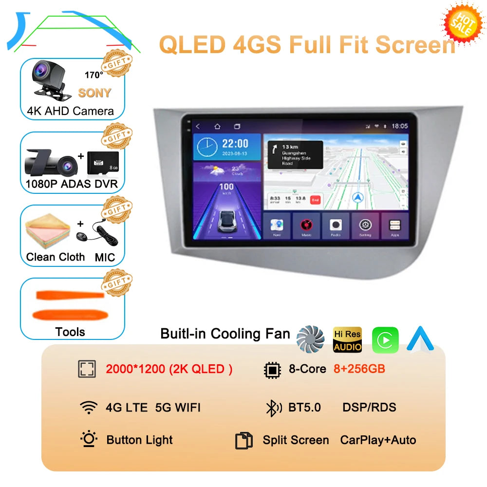 Car Radio Android 16 Navigation GPS Carplay For Seat Leon 2 MK2 2005-2012 Multimedia Video Player Stereo DSP 360 Camera Wifi 4G