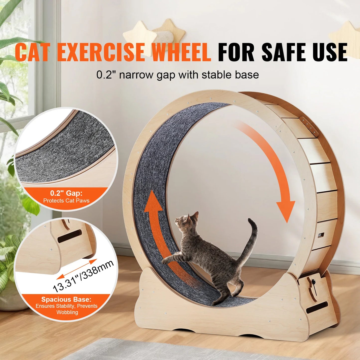 SucceBuy Wooden Cat Exercise Wheel – Large Indoor Cat Treadmill Running Wheel with Carpet & Teaser | 29–52 inch