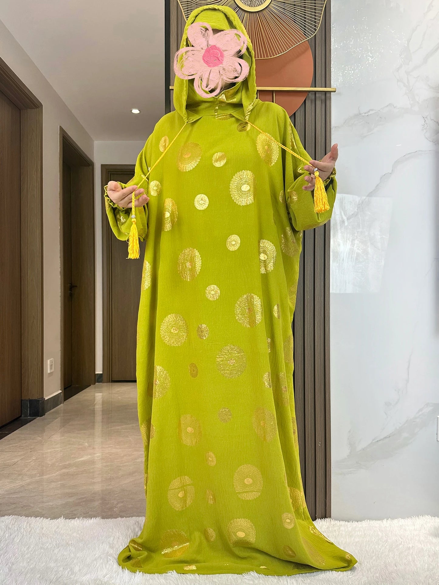Women's Cotton Embroidered Abaya Kaftan – Gold Dust Shimmer, Loose Fit, All-Season Muslim Dress