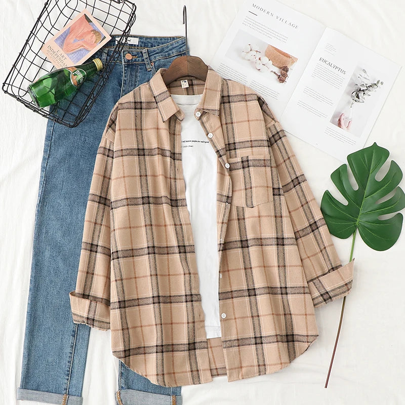 Women's Plaid Long Sleeve Shirt - Loose Casual Button-Up Blouse - photo 20