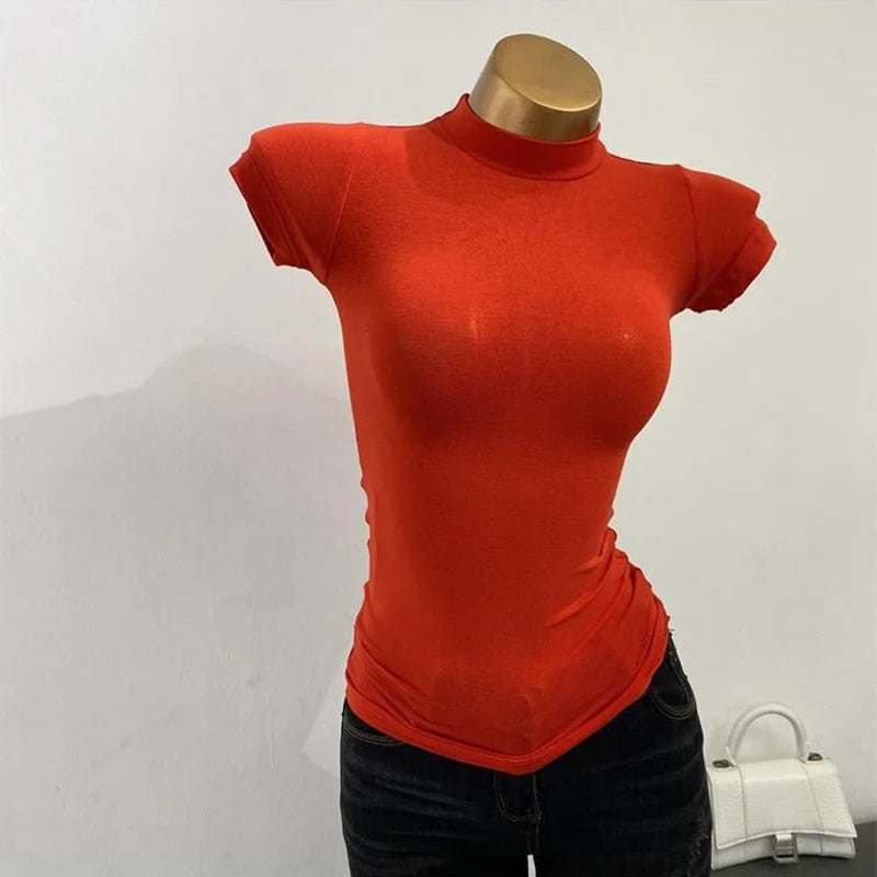 Women's Mock-Neck Sheer Tee — Slim Stretch Short-Sleeve Layering Top