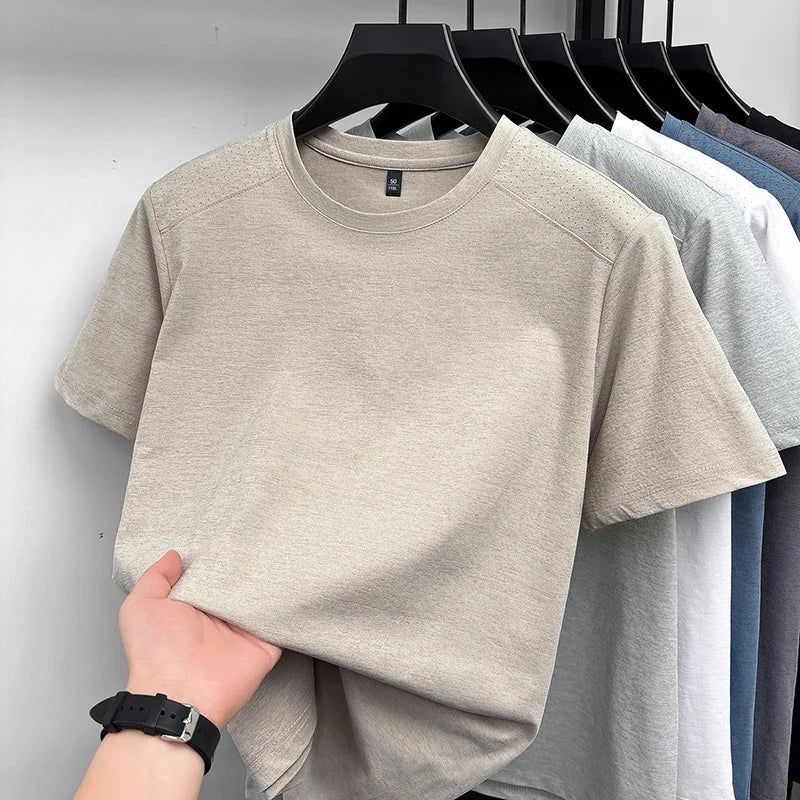 Men's Melange Crew-Neck Tee - Perforated Mesh, Breathable Slim Fit