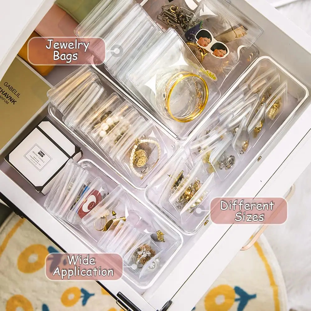 100PCS Clear PVC Jewelry Zip Bags – Self-Sealing Storage Bags for Rings, Earrings & Bracelets | 7 Sizes