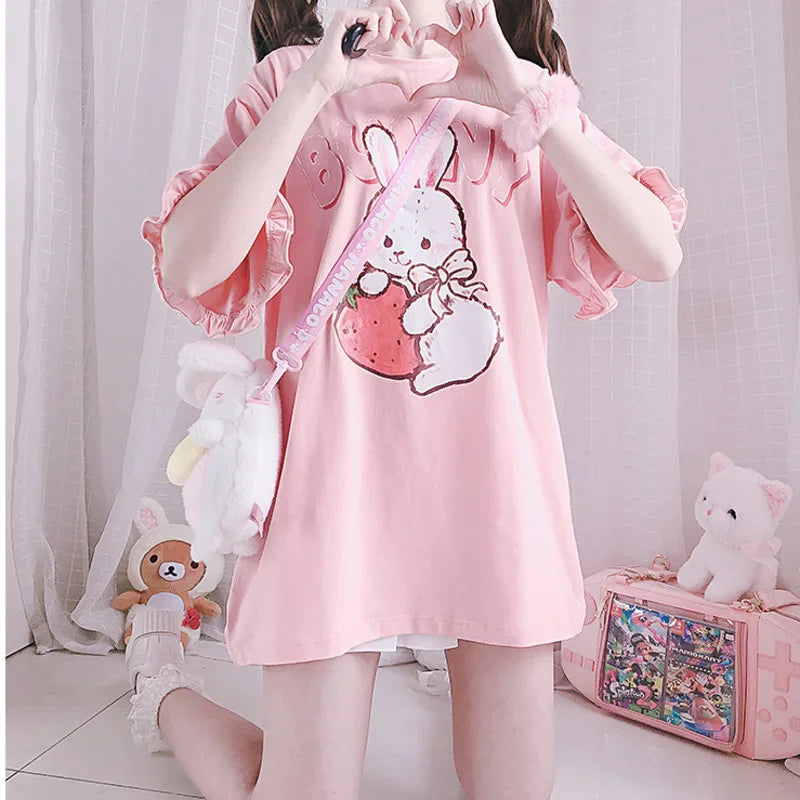 Women's Cute Cartoon-Print Ruffle T-Shirt — Kawaii Short-Sleeve Top