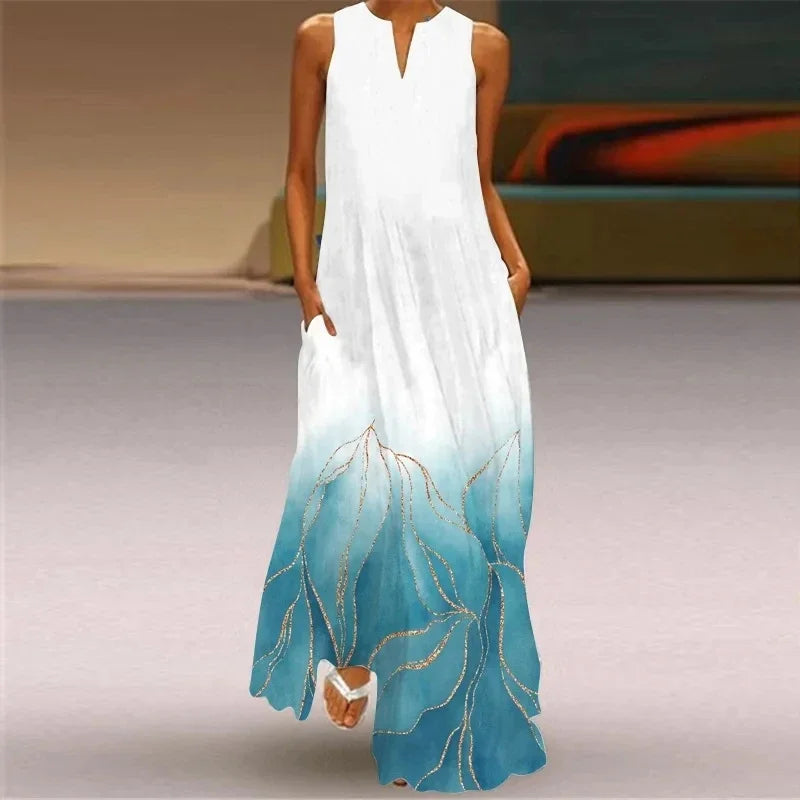 Women's Sleeveless V-Neck Maxi Dress — Vintage Print Loose Sundress with Pockets (Plus Size)