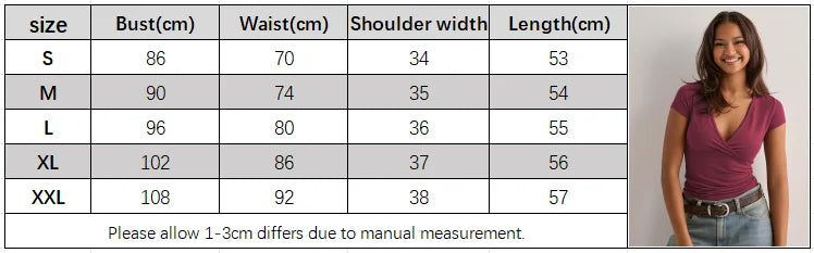 2026 Summer New Fashion Women's T-Shirt Solid-Color Slim-Fit V-Neck Short-Sleeve Top Y2k Clothing
