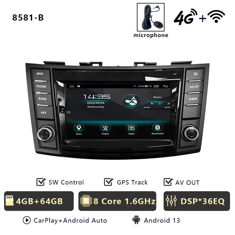 Android Car Stereo for Suzuki Swift 4 (2011–2016) — Wireless CarPlay, Android Auto, GPS, 4G, WiFi