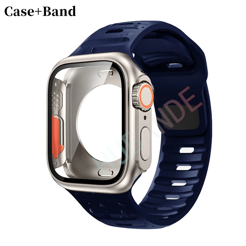 Silicone strap For Apple Watch 44mm 45mm 41mm 40mm Bracelet+Screen protectores Change to Ultra For iWatch Series 9 8 7 SE 6 5 3