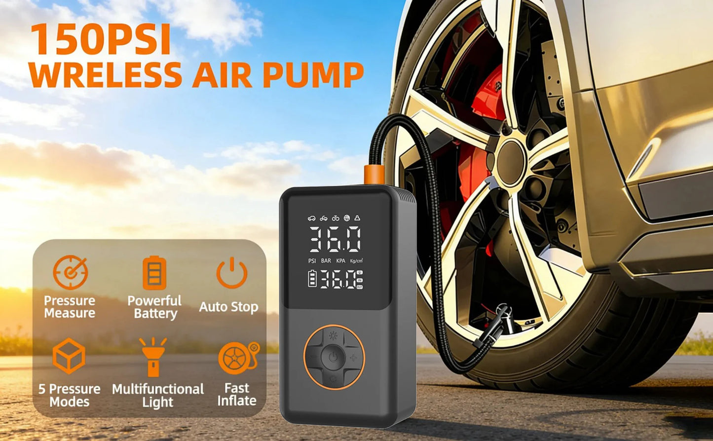 YINGBOOST Mini Bike Tire Pump 150 PSI Tire Inflator Air Compressor Cordless , Air Pump for Car with Pressure Gauge, LED Light