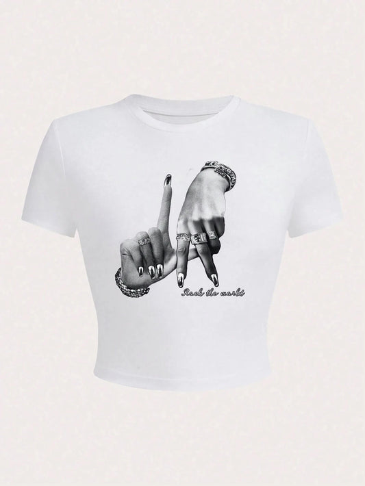 Women's Y2K Hip Hop Hand Sign Crop Top - Stylish Summer Tee - photo 4