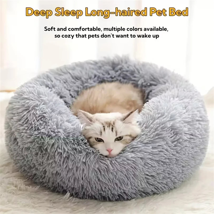 Plush Faux Fur Donut Pet Bed - Round Washable Cat & Dog Pad