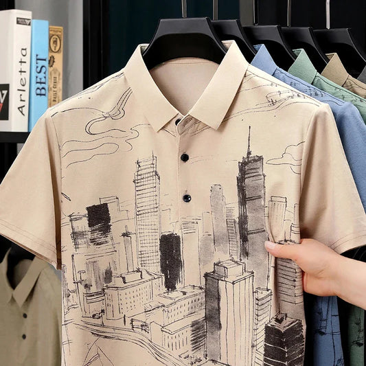 Men's Sketch-Print Polo Shirt - Soft Stretch Lapel, Loose Fit