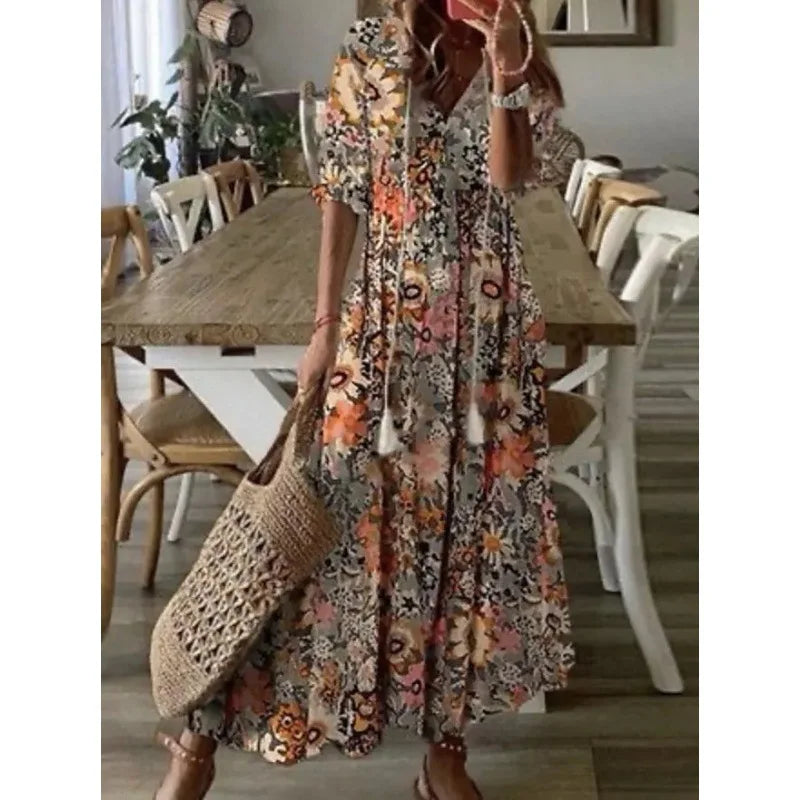 2026 Women Vintage Print Bohemian Dress Summer Fashion V Neck Half Sleeves Long Dresses Female Casual Holiday Beach Dresses