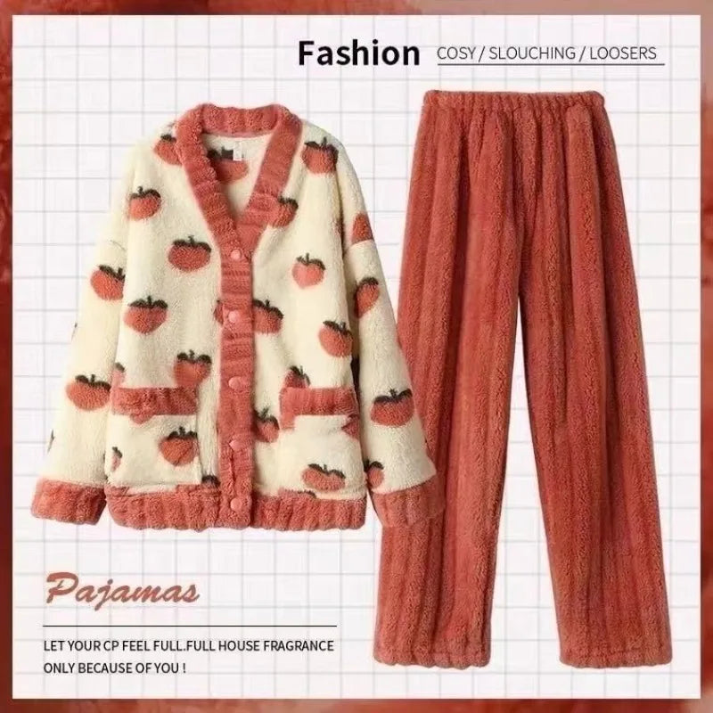 Women's Strawberry Print Flannel Pajama Set - Cute Winter Loungewear