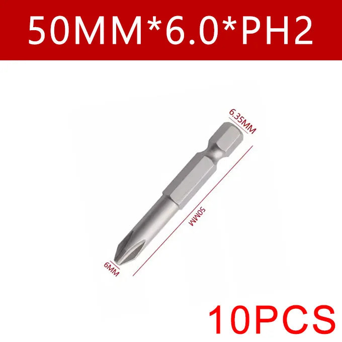 Cross Screwdriver Bit Set — 50mm Alloy Steel 1/4" Hex PH0/PH1/PH2 Bits