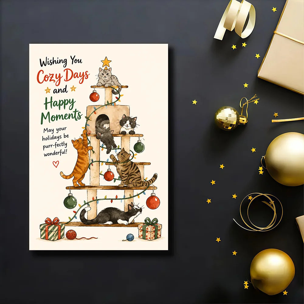 Cute Cat Christmas Greeting Card, Cat Tree Tower Xmas Card, Holiday Wishes Card for Cat Lovers with Envelope