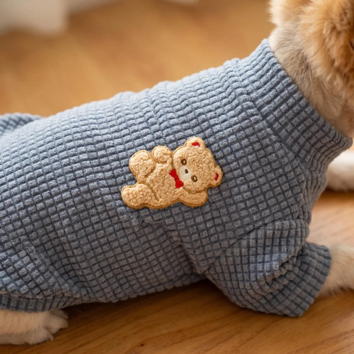 Gray Waffle Knit Cat Sweater - 3D Bear Embroidery Pet Pullover