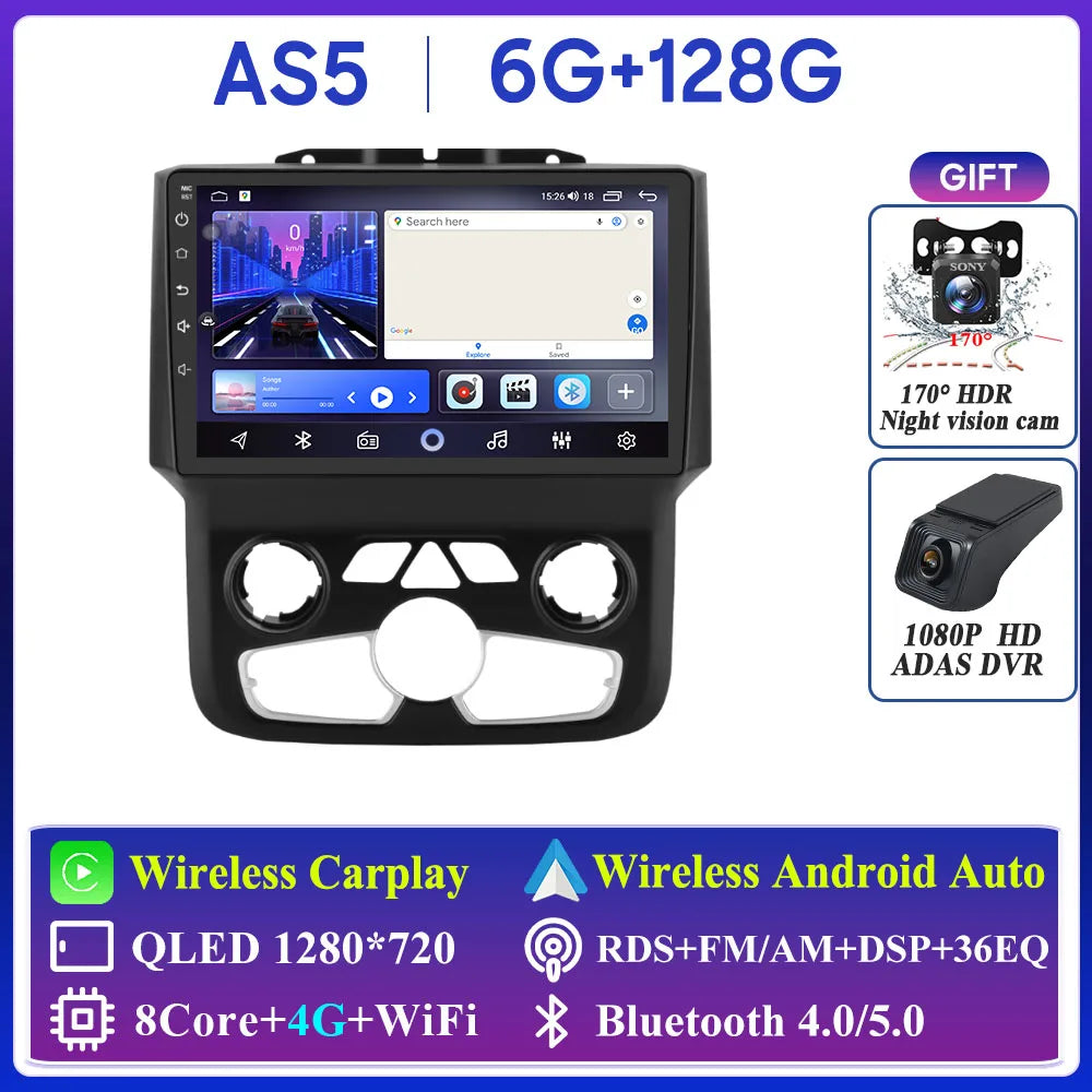 For Dodge Ram 1500 2500 3500 2013-2018 Car Radio Navigation GPS Carplay Stereo Android Auto Multimedia Player DVD Bluetooth 5G