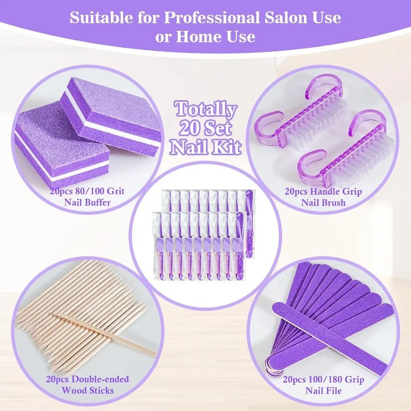 20Sets Disposable Manicure Kit 4 Piece Nail Kit for Travel,Handle Grip Brush,Mini Nail Buffer Nail File and Wood Stick for Gifts