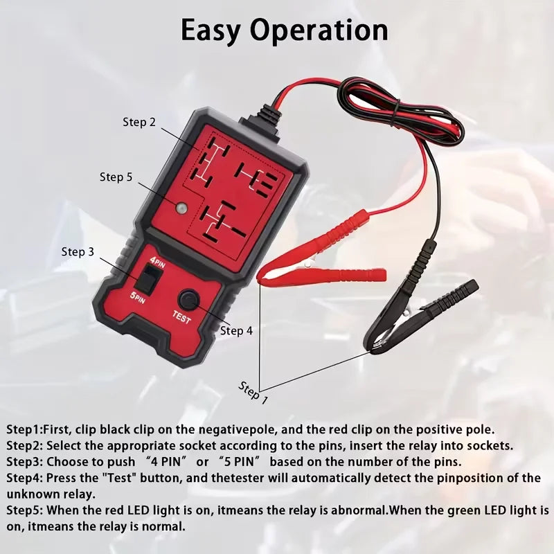 Compact 12V Automotive Relay Tester with Battery Clamp - Easy-To-Use 4-Pin and 5-Pin Relay Tester with Clear Terminal Display, Spdt Switch and Copper Contacts, Hard-Wired/Battery-Powered (Battery Not Included), Suitable for E