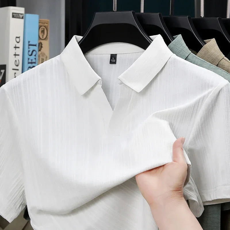 Men's Linen-Blend Polo - Minimalist Plain Lapel, Breathable Soft