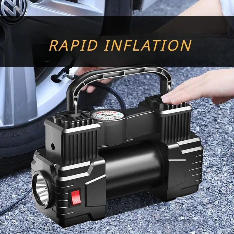 Dual Cylinder Heavy Car Tire Air Compressor 12V 150PSI Universal Portable Inflation Inflator Electric Pump with Pressure Gauge