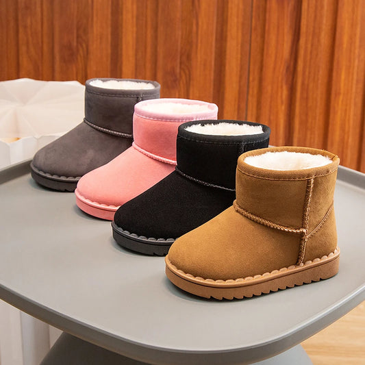 Kids Plush Snow Boots - Slip-On Short Winter Boots for Boys and Girls
