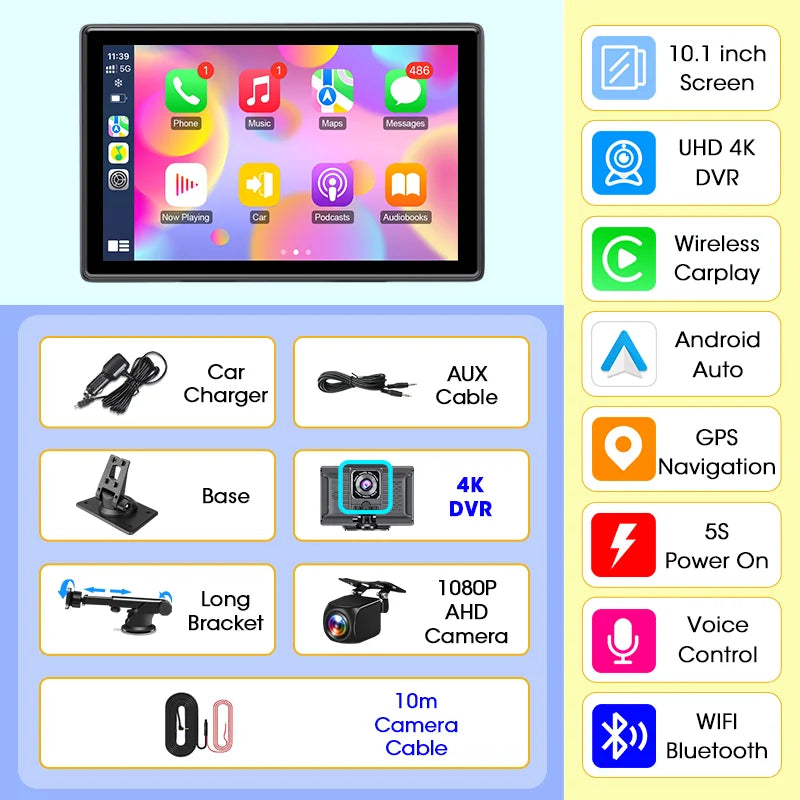 Jansite 10.1 inch UHD Car DVR 4K Dashcam CarPlay/Android Auto 4:3 Screen 5G WiFi GPS Navigation Recorder Rearview Camera FM AUX