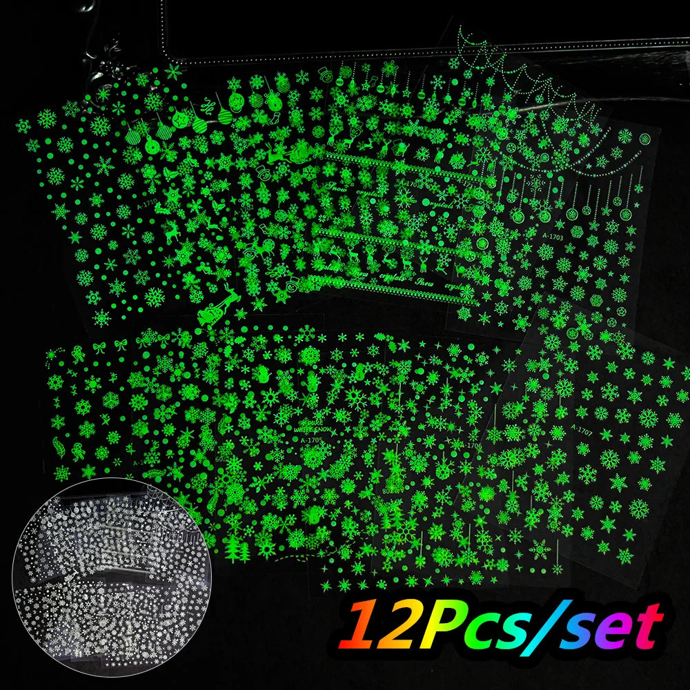 12Pcs/set Laser Silver Snowflake Nail Stickers Set  3D Winter Elk Snowflake Nail Art Decoration DIY Holographic Snowflake Slider