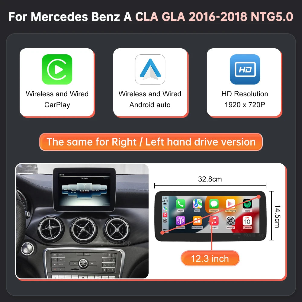 RoadTop Wireless CarPlay Android Auto Car Multimedia Display For Mercedes-Benz CLA GLA A Class W176 2026-2026 NTG5.0 TouchScreen