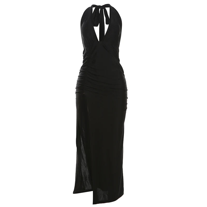Weird Puss Halter Backless Dress Women Summer Trend Elegant Side Split Deep V-Neck Long Bodycon Midnight Party Ruched Vestidos