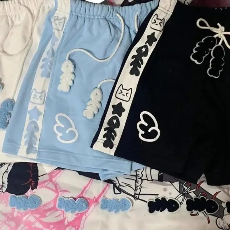 Summer Japanese High Waisted Shorts Women Cute Cat Cartoon Print Cotton Short Pants Casual Fashion Female Bottoms Shorts New